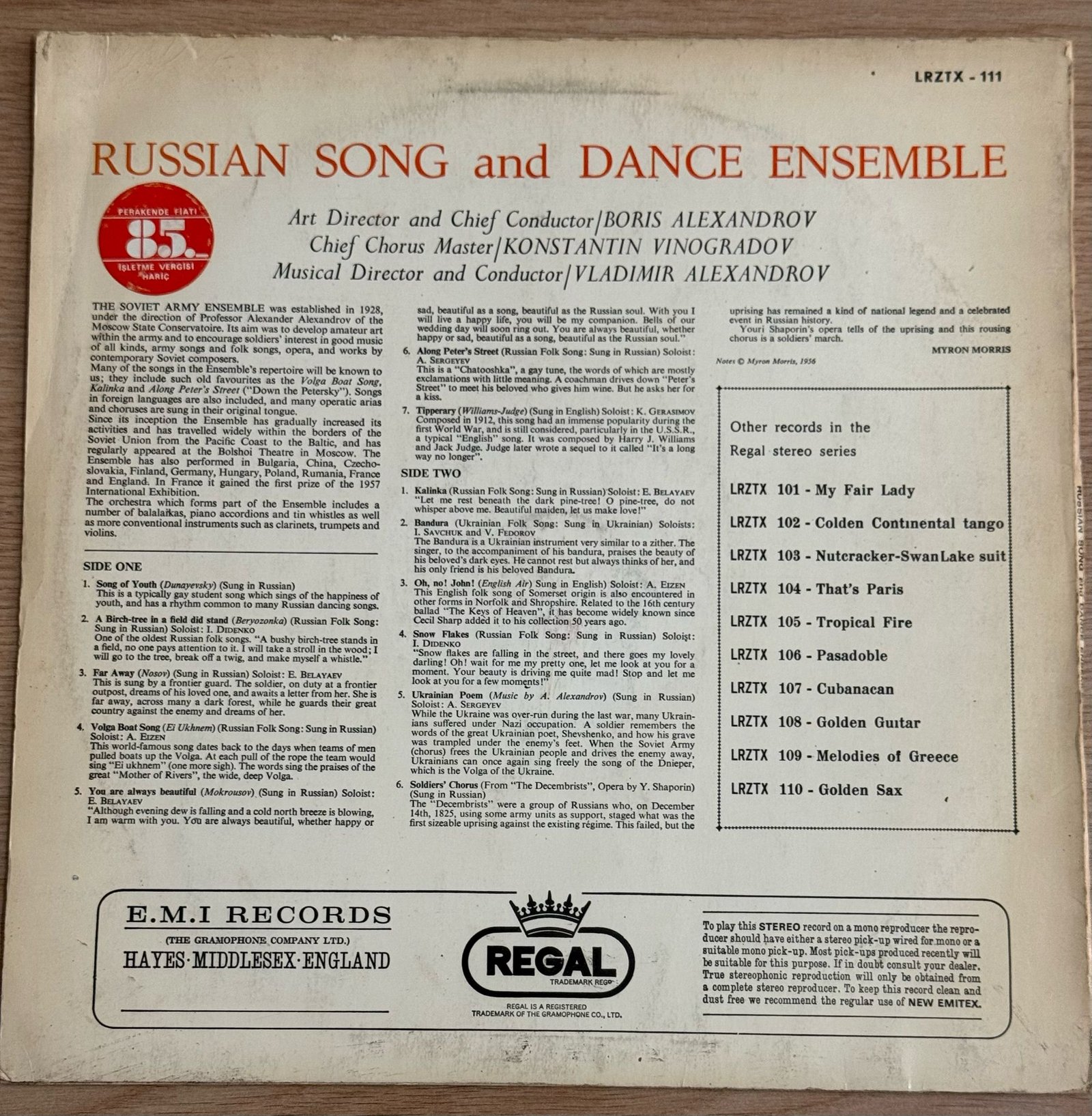 Russian Song And Dance Ensemble, Colonel Alexandro LP Plak