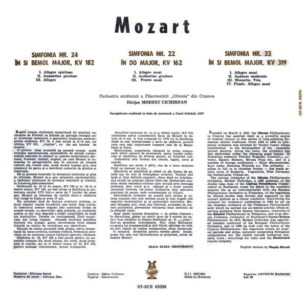 Mozart, - Craiova „Oltenia, Philharmonic Orchestra, , Conductor Modest Cichirdan, – Symphonies Nos. 24 22 33